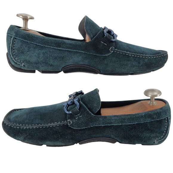 Salvatore Ferragamo Parigi Suede Blue Teal Driving Loafers Mens 10EE Dress Shoes - Picture 4 of 15
